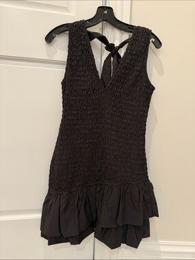 Zara Black Smocked Tie-Back Ruffle Mini Dress